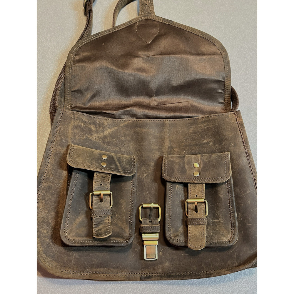Brown Leather Messenger Bag Satchel Crossbody Distressed Pockets Buckle Accents - Picture 13 of 16